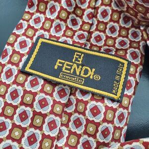 Fendi Handmade Silk Mens Tie Italy Burgundy Gold Geometric 3.5" wide Luxury EUC